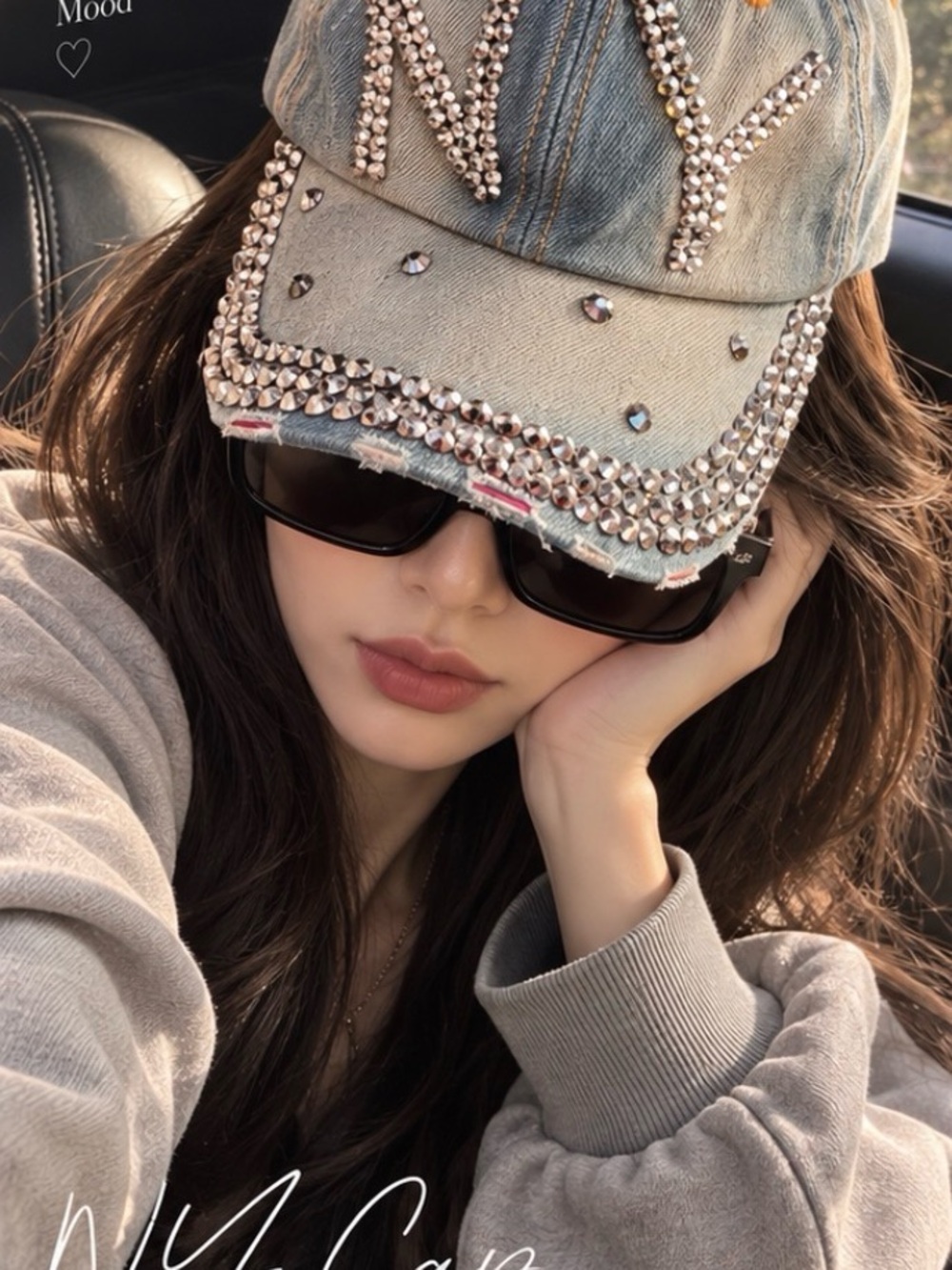 Rhinestone Embellished Denim Cap - Crystal Accent - Women